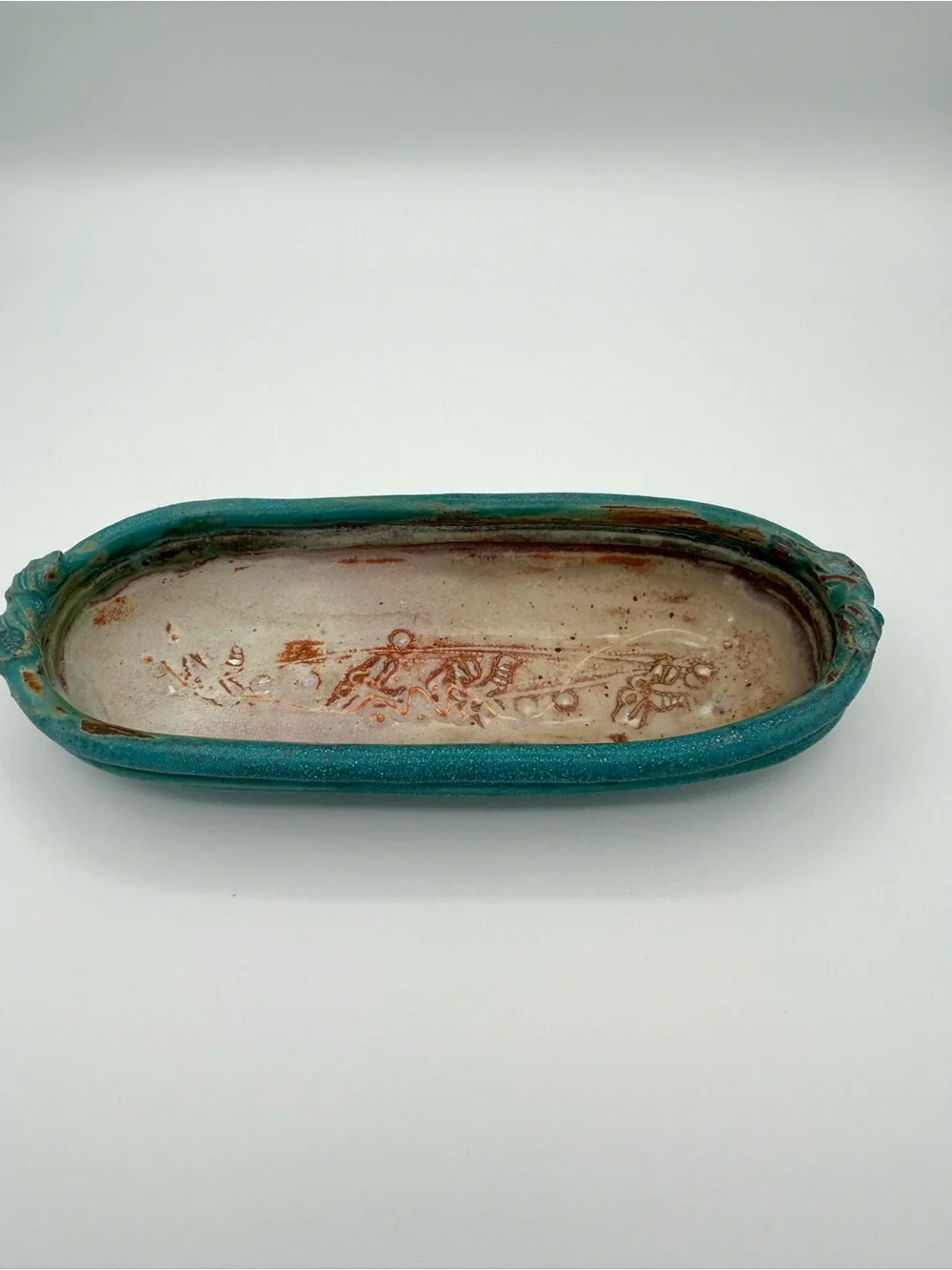 Studio Pottery Oval Serving Tray Trinket Dish Blue Gray Signed Decorative Scene